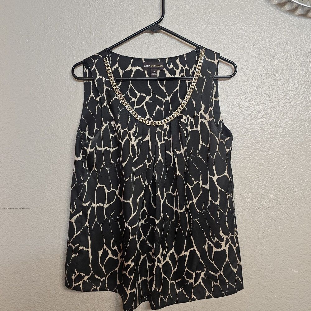 Dana Buchman Sleeveless Chain Neck Blouse Womens Med  Black Beige Abstract G125